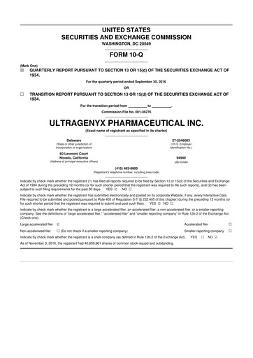 Miniature Ultragenyx Pharmaceutical 10-Q Rapport trimestriel 2016 