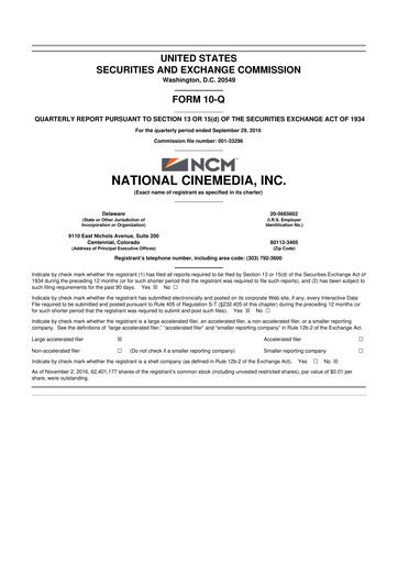 Thumbnail National CineMedia 10-Q Quarterly Report FY2016 