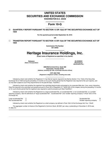Thumbnail Heritage Insurance 10-Q Quarterly Report FY2016 