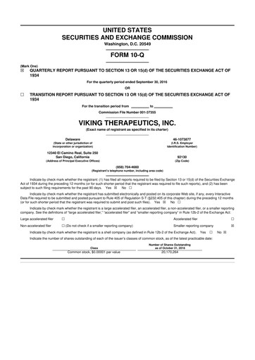 Vorschaubild Viking Therapeutics
 10-Q Quartalsbericht 2016 