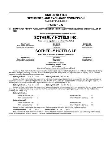 Miniature Sotherly Hotels 10-Q Rapport trimestriel  