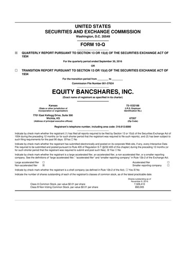 Thumbnail Equity Bancshares 10-Q Quarterly Report FY2016 