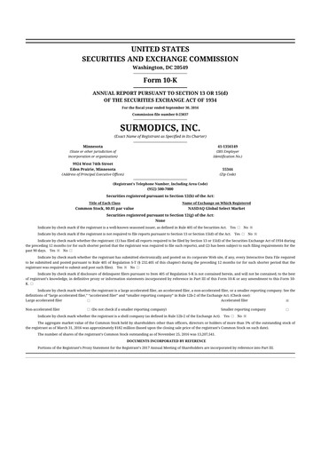 Thumbnail SurModics 10-K Annual Report 2016