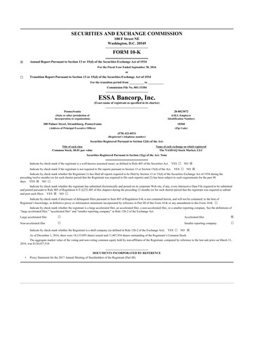 Thumbnail ESSA Bancorp 10-K Annual Report 2016