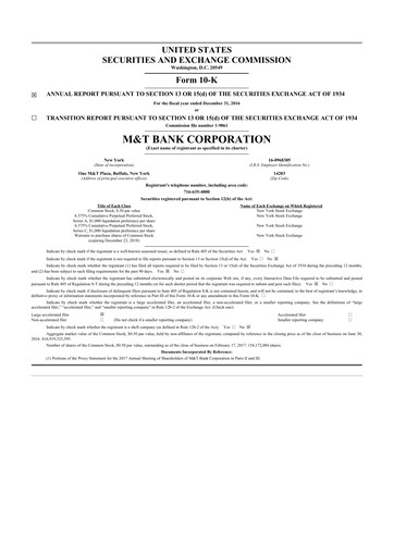 Thumbnail M&T Bank 10-K Annual Report 2016
