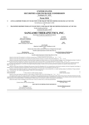 Thumbnail Sangamo Therapeutics
 10-K Annual Report 2016