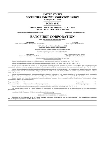 Thumbnail BancFirst 10-K Annual Report 2016