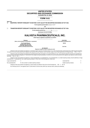 Vorschaubild KalVista Pharmaceuticals 10-Q Quartalsbericht 2016 