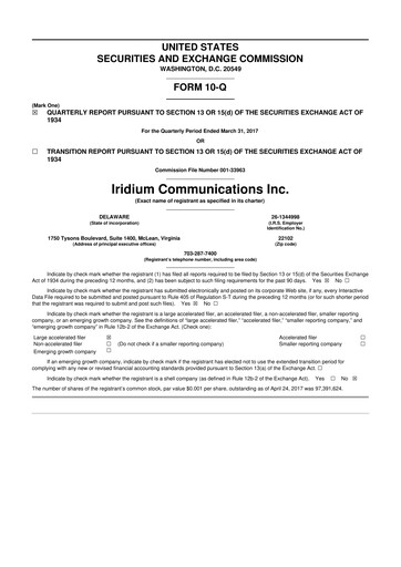 Thumbnail Iridium Communications 10-Q Quarterly Report FY 