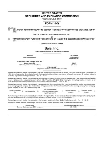 Thumbnail Saia
 10-Q Quarterly Report FY2017 