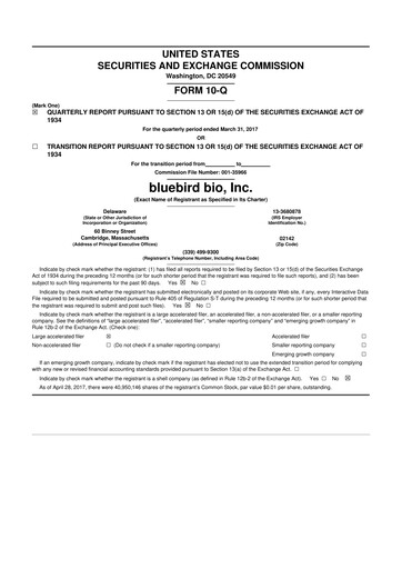 Thumbnail bluebird bio
 10-Q Quarterly Report FY 
