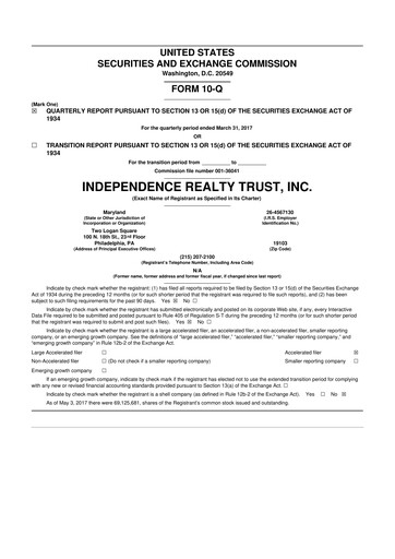 Thumbnail Independence Realty Trust
 10-Q Quarterly Report FY 