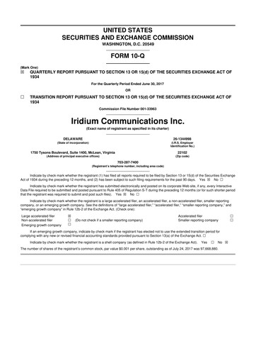 Thumbnail Iridium Communications 10-Q Quarterly Report FY 