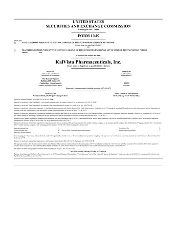 Miniature KalVista Pharmaceuticals 10-K Rapport annuel 2017