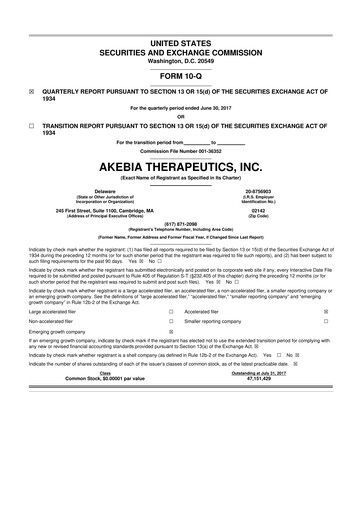 Vorschaubild Akebia Therapeutics 10-Q Quartalsbericht 2017 