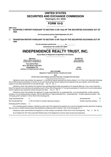 Thumbnail Independence Realty Trust
 10-Q Quarterly Report FY 