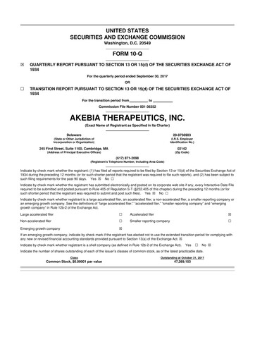 Vorschaubild Akebia Therapeutics 10-Q Quartalsbericht 2017 