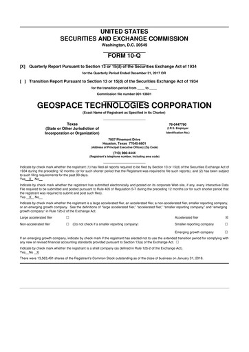 Thumbnail Geospace Technologies
 10-Q Quarterly Report FY2018 