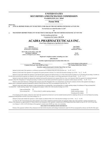 Miniature ACADIA Pharmaceuticals 10-K Rapport annuel 2017