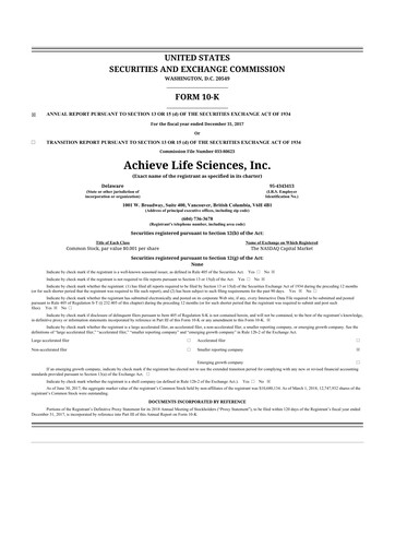 Thumbnail Achieve Life Sciences
 10-K Annual Report 2017