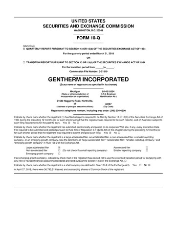 Thumbnail Gentherm 10-Q Quarterly Report FY2018 