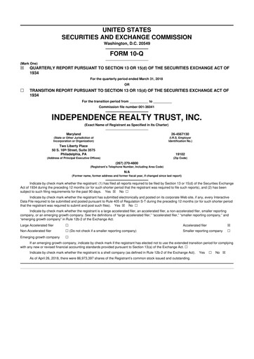 Thumbnail Independence Realty Trust
 10-Q Quarterly Report FY 