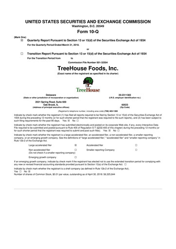 Miniature TreeHouse Foods
 10-Q Rapport trimestriel 2018 