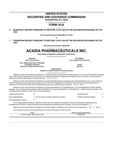 Thumbnail ACADIA Pharmaceuticals 10-Q Quarterly Report FY2018 