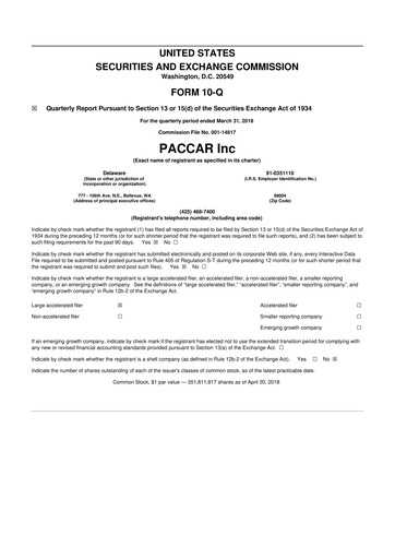 Thumbnail Paccar 10-Q Quarterly Report FY2018 