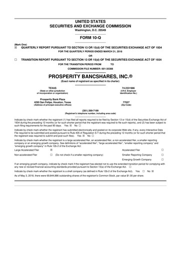 Thumbnail Prosperity Bancshares
 10-Q Quarterly Report FY2018 