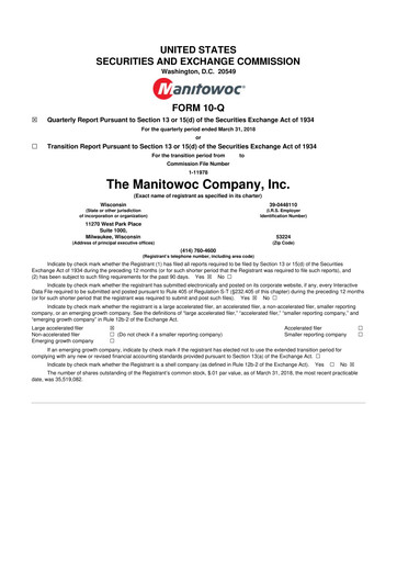 Thumbnail The Manitowoc Company
 10-Q Quarterly Report FY2018 