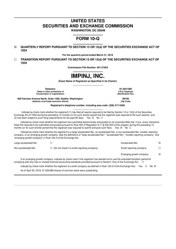 Miniature Impinj 10-Q Rapport trimestriel 2018 