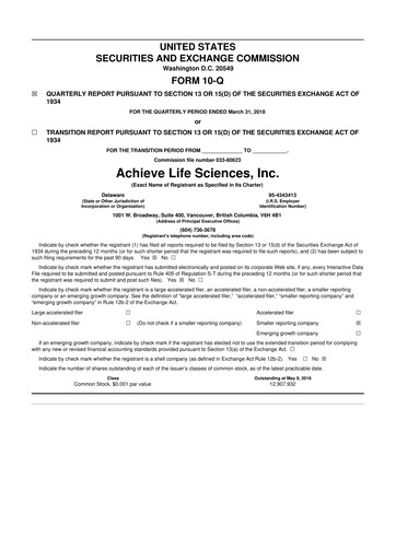 Vorschaubild Achieve Life Sciences
 10-Q Quartalsbericht 2018 