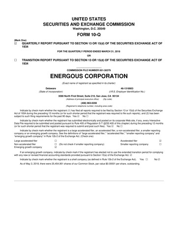 Miniature Energous 10-Q Rapport trimestriel 2018 