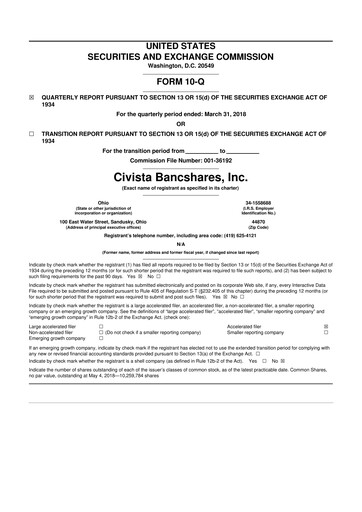 Thumbnail Civista Bancshares
 10-Q Quarterly Report FY2018 