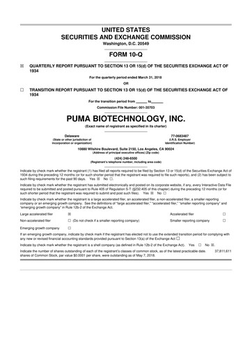 Thumbnail Puma Biotechnology 10-Q Quarterly Report FY2018 