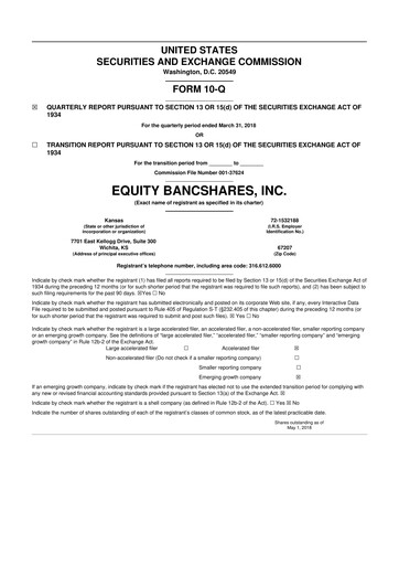 Thumbnail Equity Bancshares 10-Q Quarterly Report FY2018 