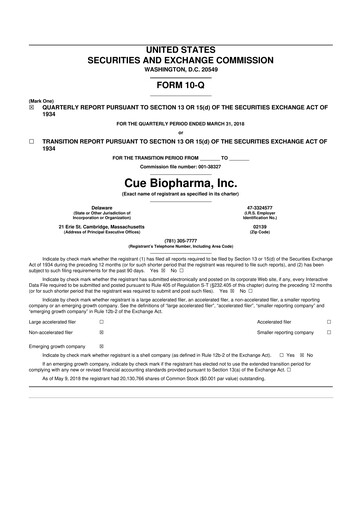 Vorschaubild Cue Biopharma 10-Q Quartalsbericht 2018 