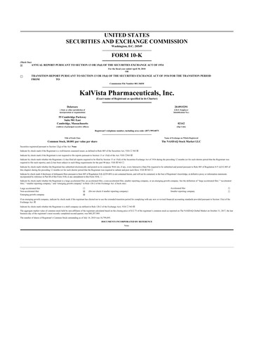 Miniature KalVista Pharmaceuticals 10-K Rapport annuel 2018