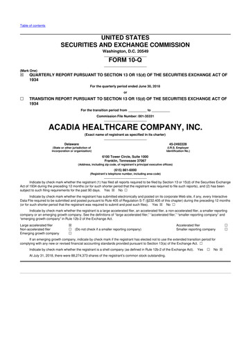Thumbnail Acadia Healthcare
 10-Q Quarterly Report FY2018 
