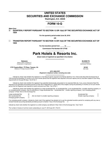 Thumbnail Park Hotels & Resorts

 10-Q Quarterly Report FY2018 