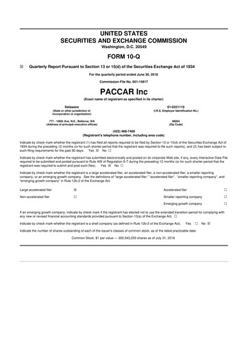 Thumbnail Paccar 10-Q Quarterly Report FY2018 