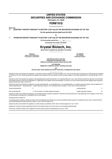 Thumbnail Krystal Biotech 10-Q Quarterly Report FY2018 
