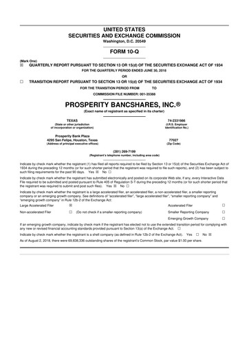 Thumbnail Prosperity Bancshares
 10-Q Quarterly Report FY2018 