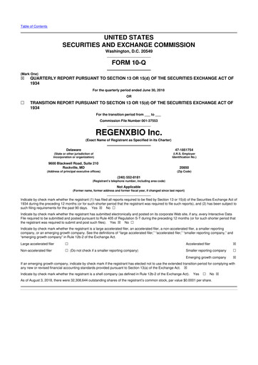 Miniature REGENXBIO 10-Q Rapport trimestriel  