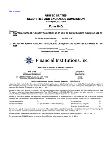 Thumbnail Financial Institutions 10-Q Quarterly Report FY 