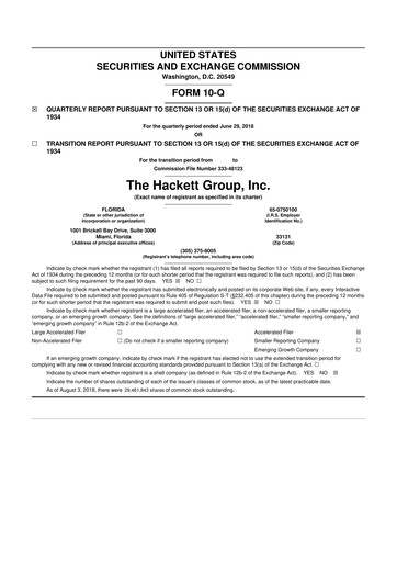 Thumbnail The Hackett Group

 10-Q Quarterly Report FY2018 