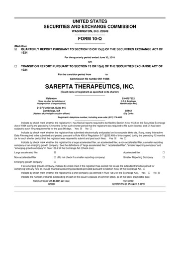 Thumbnail Sarepta Therapeutics
 10-Q Quarterly Report FY2018 