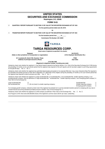 Thumbnail Targa Resources
 10-Q Quarterly Report FY2018 