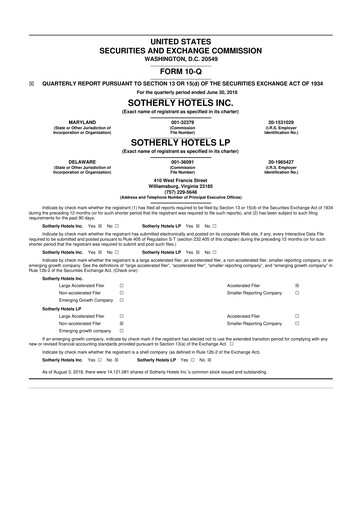 Miniature Sotherly Hotels 10-Q Rapport trimestriel  